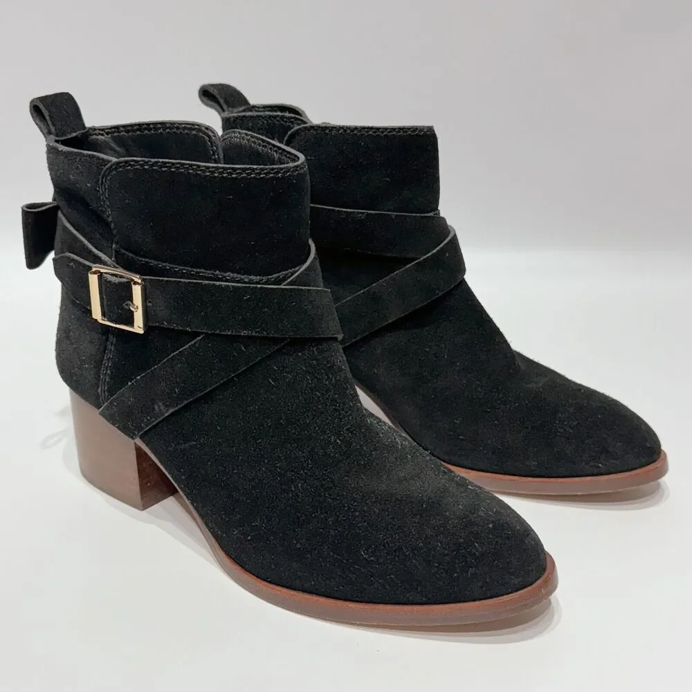 Kate Spade Polly Black Suede Buckle Strap Ankle Booties Boots Women’s Size 8M